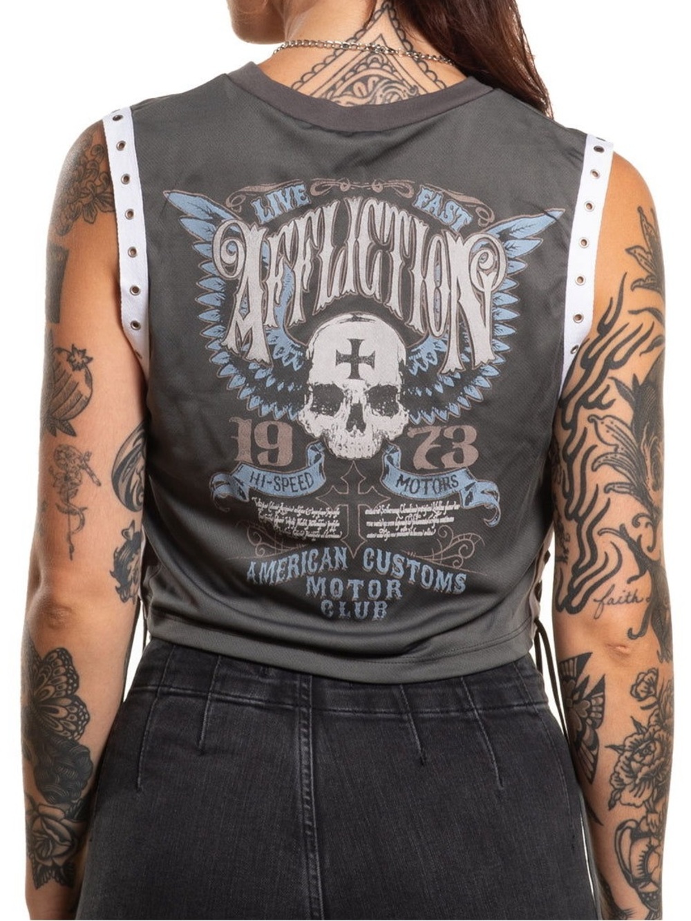 Affliction Women's Charcoal Gray Graphic Tank with Blue Accents